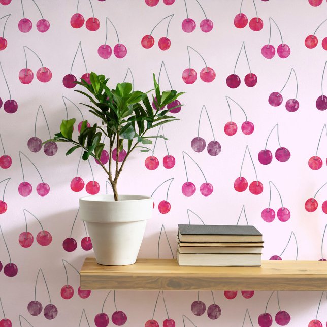 Muster der Wasserfarbe Rosa Tapete (Sweet watercolor cherry pattern art wallpaper in pink )