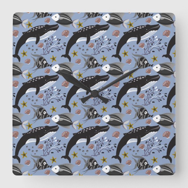 Muster der Wassertiere | Meeresunterwasser 19 Quadratische Wanduhr (Vorderseite)