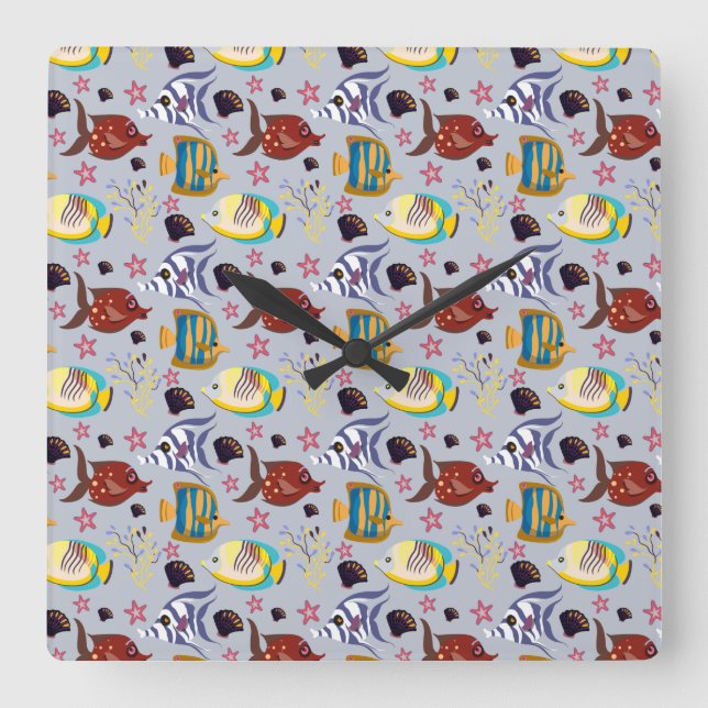 Muster der Wassertiere | Unterwasserleben im Meer  Quadratische Wanduhr (Vorderseite)