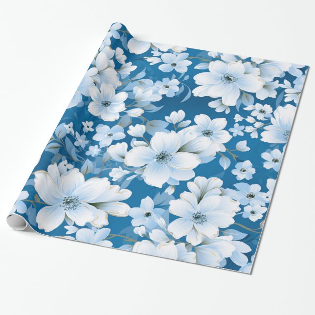 Muster der weißen Blume, blauer Hintergrund, Geschenkpapier (Ungerollt)