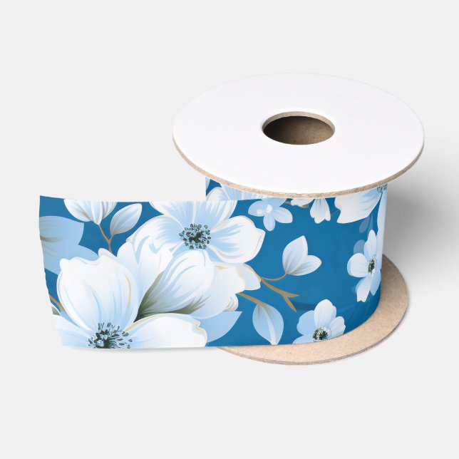 Muster der weißen Blume, blauer Hintergrund, Satinband (Spule)