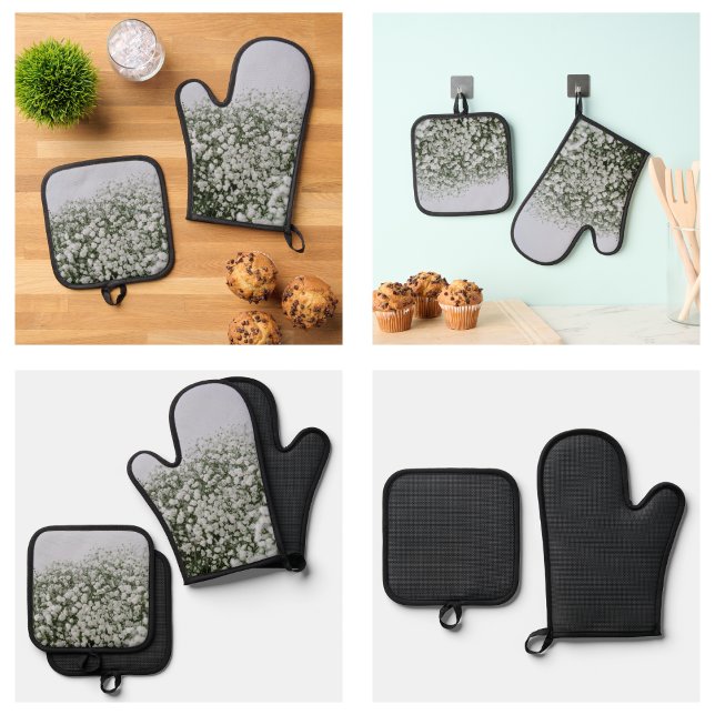 Muster der weißen Blume Ofenhandschuh & Topflappen-Set (White Flowers Pattern Oven Mitt & Pot Holder Set
)