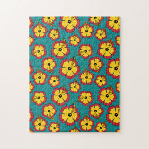 Muster des gelben roten Hibiskus für tropische Blu Puzzle