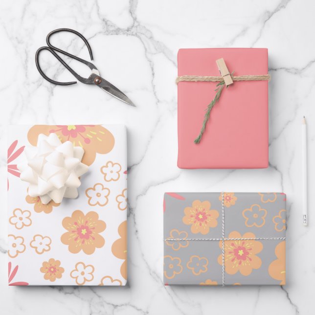 Muster des Retro-Floral und Schlicht rosa Geschenkpapier Set (Vorderseite)