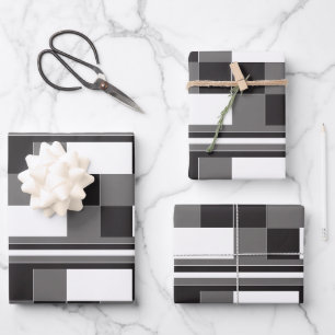 Muster des Schwarz-weißen grauen Karos Streifen Geschenkpapier Set