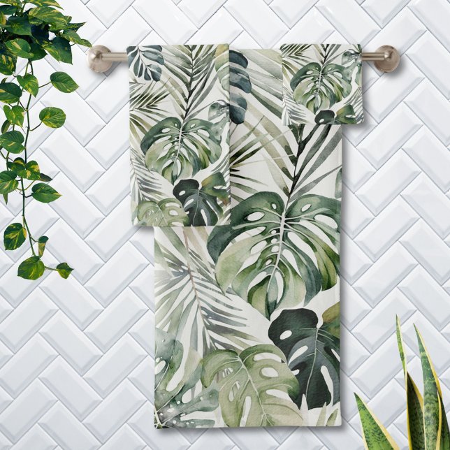 Muster des tropischen Regenwaldes in Aquarelltönen Badhandtuch Set (In situ)