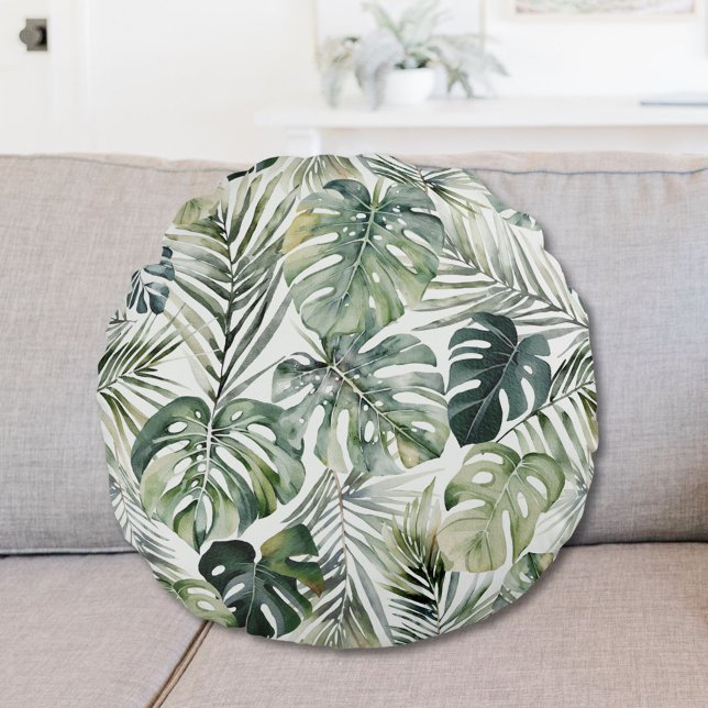Muster des tropischen Regenwaldes in Aquarelltönen Rundes Kissen (In situ)