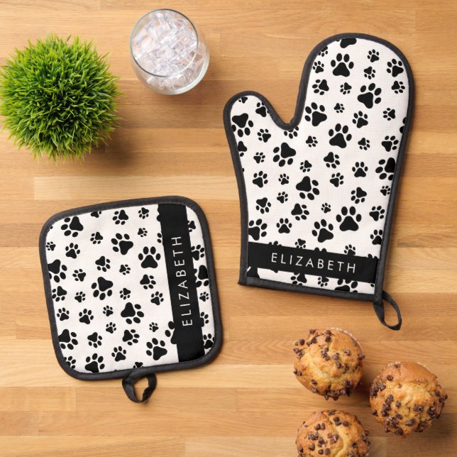 Muster, Dog Paws, Schwarz und Weiß, Ihr Name Ofenhandschuh & Topflappen-Set (Oben Unten)