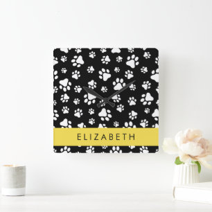 Muster, Dog Paws, Schwarz und Weiß, Ihr Name Quadratische Wanduhr