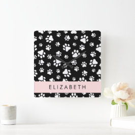 Muster, Dog Paws, Schwarz und Weiß, Ihr Name Quadratische Wanduhr