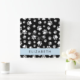 Muster, Dog Paws, Schwarz und Weiß, Ihr Name Quadratische Wanduhr