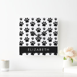 Muster, Dog Paws, Schwarz und Weiß, Ihr Name Quadratische Wanduhr