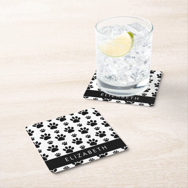 Muster, Dog Paws, Schwarz und Weiß, Ihr Name Rechteckiger Pappuntersetzer (Vor Ort)