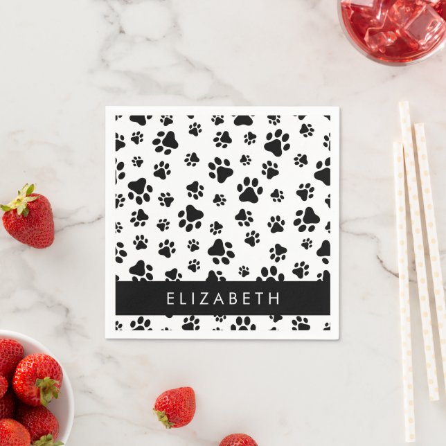 Muster, Dog Paws, Schwarz und Weiß, Ihr Name Serviette (Beispiel)