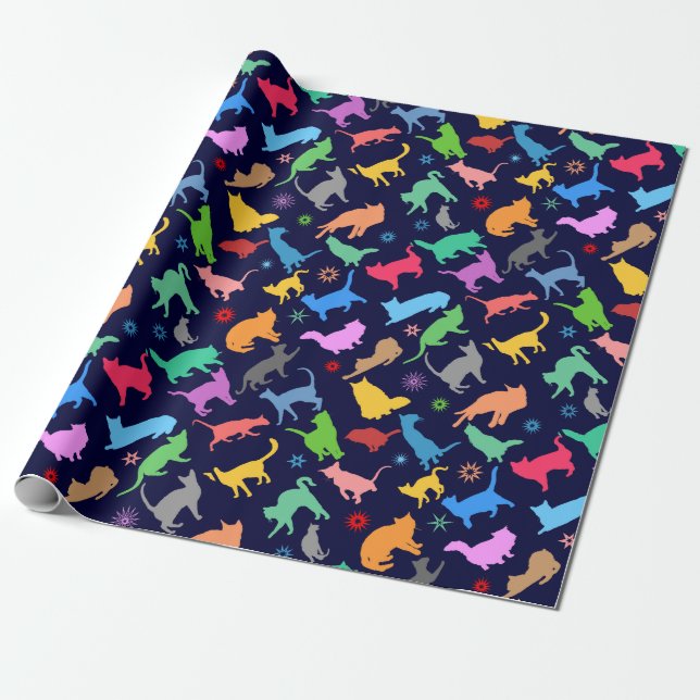 Muster farbenfroher Katzen. Navy Blue Background Geschenkpapier (Ungerollt)