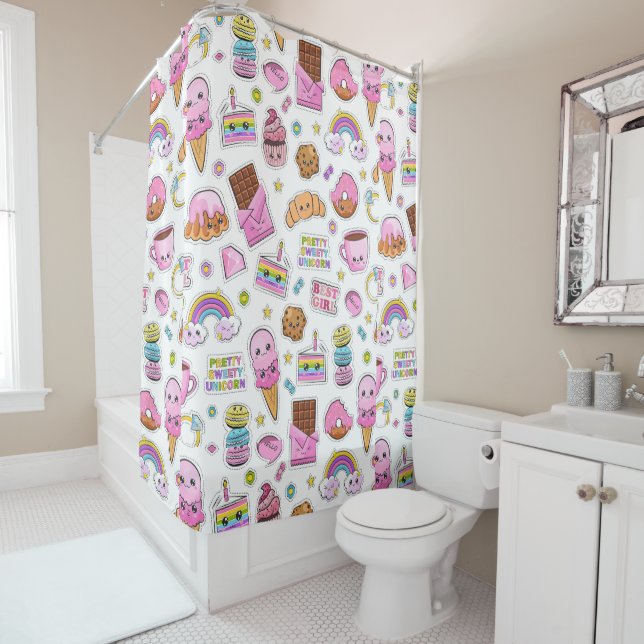 Muster Funny Unicorn Magic Rainbow Niedlich Duschvorhang (Beispiel)