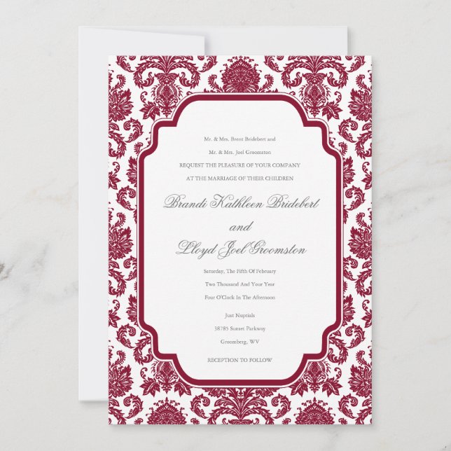 Muster für Burgundy Wedding Damask Einladung (Vorderseite)