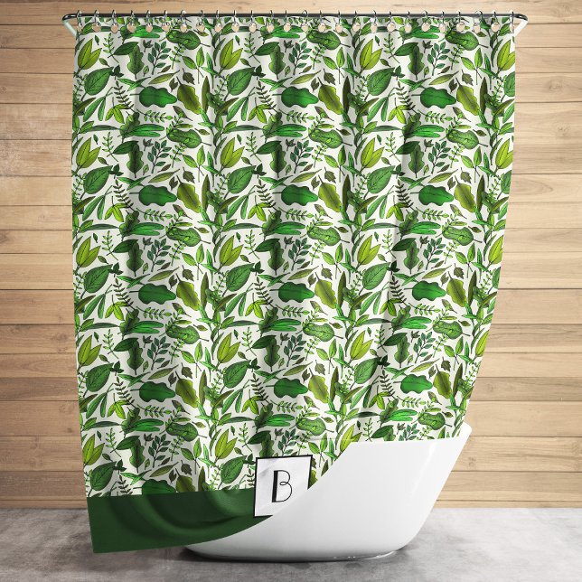 Muster für elegante monogram-grüne Blätter Duschvorhang (Elegant Monogram Green Leaves Pattern Shower Curtain)