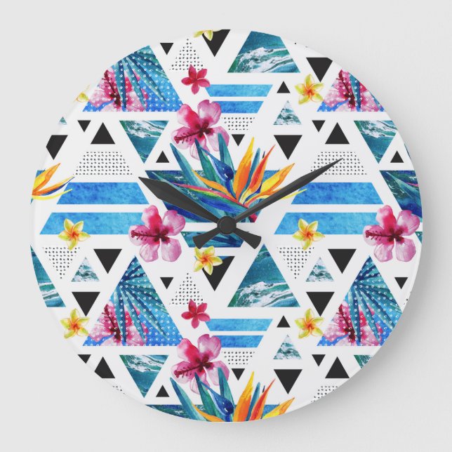 Muster für geometrische tropische Blume Große Wanduhr (Vorderseite)