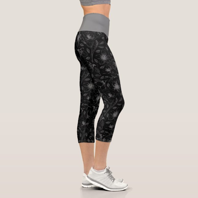Muster für gezeichnete florale Kontur Grau/schwarz Capri Leggings (Rechts)