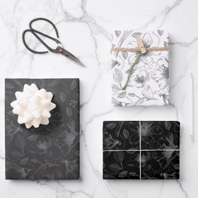 Muster für gezeichnete florale Kontur Gray/Wht/Bk  Geschenkpapier Set (Vorderseite)