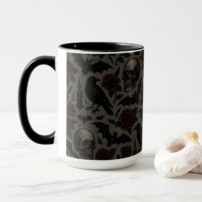 Muster für Gothic Skulls, Crows & Rose Tasse (Mit Donut)