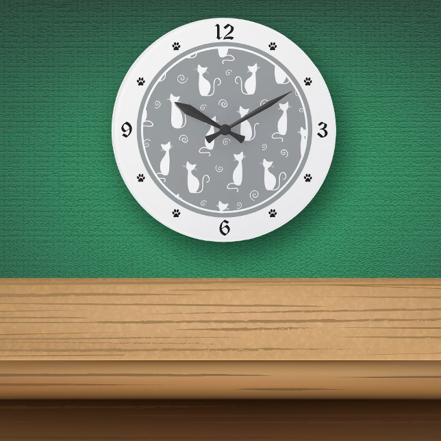 Muster für graue und weiße Katzen Große Wanduhr (Von Creator hochgeladen)