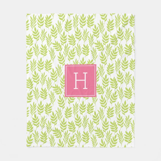 Muster für grüne Blätter und rosa Monogramm Fleecedecke (Vorderseite)