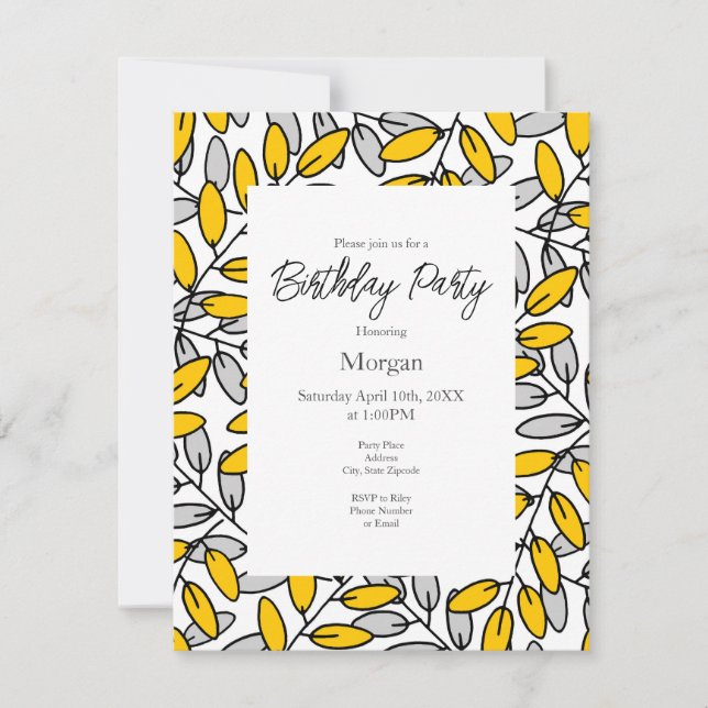 Muster für handgezeichnete, gelb-graue Blätter Einladung (Vorderseite)