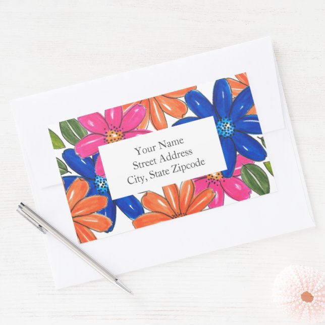 Muster für handgezeichnete, rosa orange blaue Blum Rechteckiger Aufkleber (Umschlag)