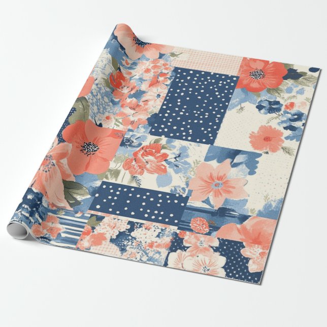 Muster für Korallen- und Navy-Floral-Muster Geschenkpapier (Ungerollt)