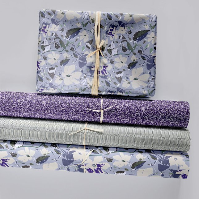 Muster für Lila Klematiken - Dekoupage Gift Geschenkpapier Set (Pretty Purple Floral Patterns trio Wrapping Paper Sheets. Jenn Steffen-Studio Posies. )