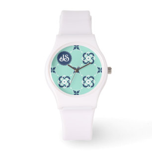 Muster für Minze und dunkelblaue Interwoven-Blume Armbanduhr