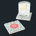 Muster für Monogram Girly Whimsical Blätter Steinuntersetzer<br><div class="desc">Ein skurriles,  gürtelndes Muster-Design mit Blätter in helltürkisfarbenen,  aquamarinen und korallenroten Farbtönen mit einem stilvollen Banner in Korallenrot und Weiß,  das mit Ihren Monogramm-Initialen personalisiert wird. 15 Cps</div>