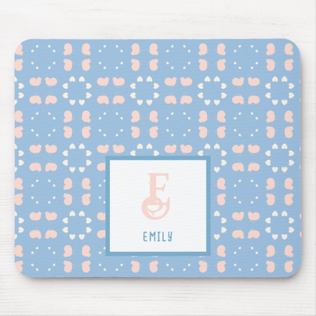Muster für Monogramm Name Blau & Peach Herz Mousepad (Vorne)