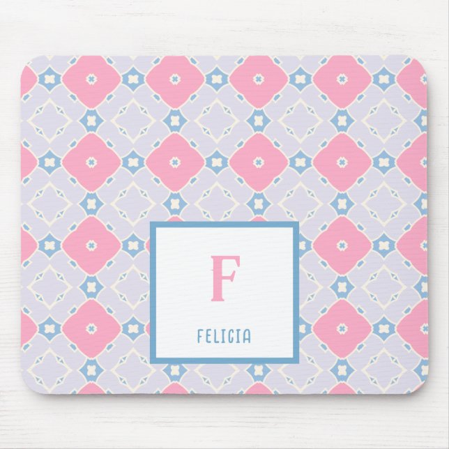 Muster für Monogramm Name Blau und Rosa Blume Mousepad (Vorne)
