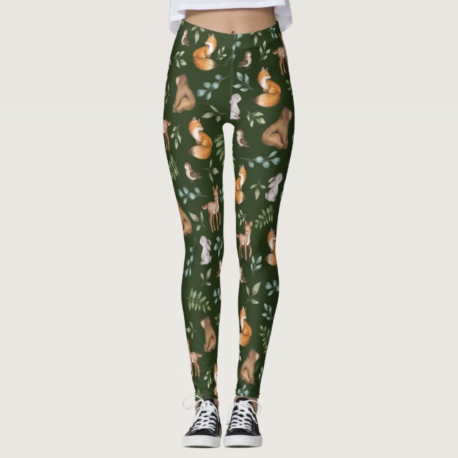 Muster für Moody Green Woodland Forest Animals Leggings (Vorderseite)