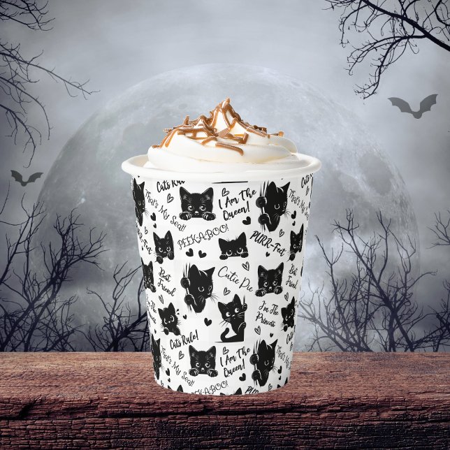 Muster für niedliche Schwarze Katzen und Redewendu Pappbecher (Cute Black Cats and Sayings with Hearts Pattern  for Cat Lovers and Halloween Paper Cups)