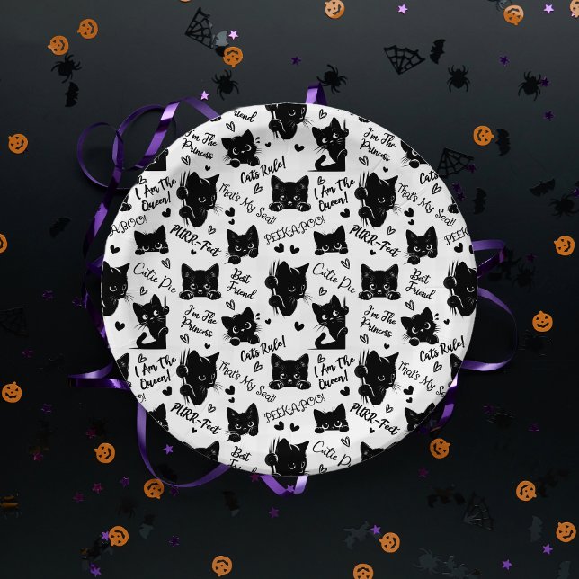 Muster für niedliche Schwarze Katzen und Redewendu Pappteller (Cute Black Cats and Sayings with Hearts Pattern  for Cat Lovers and Halloween Paper Plates)