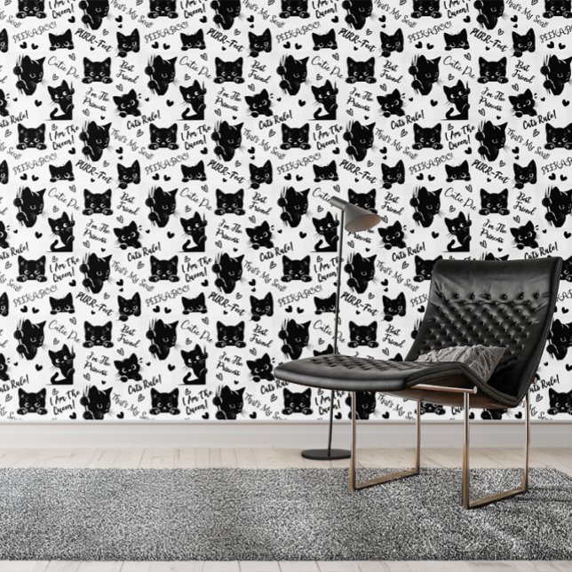 Muster für niedliche Schwarze Katzen und Redewendu Tapete (Cute Black Cats and Sayings with Hearts Pattern for Cat Lovers and Halloween Wallpaper)