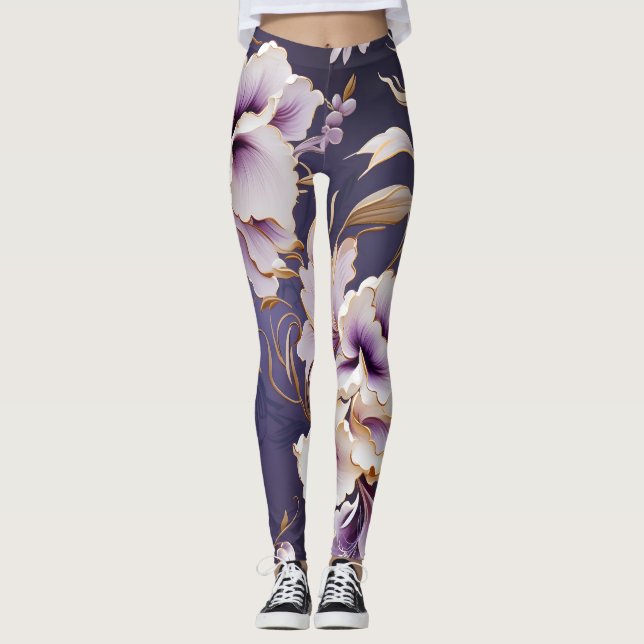 Muster für Orchideen - Violett weiß und Gold Leggings (Vorderseite)