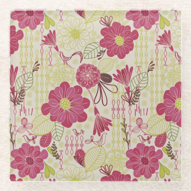 Muster für Retro-Flora und -Vögel Glasuntersetzer (Vorderseite)