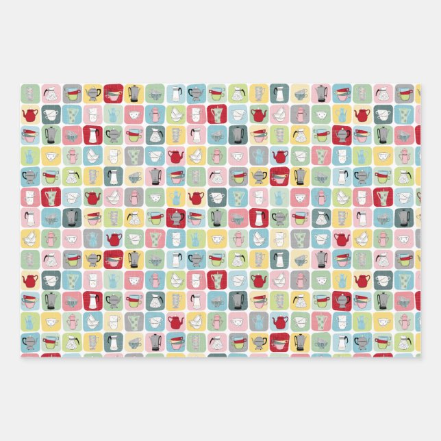 Muster für Retro-Kaffeeköpfe und Kaffeekuppen Geschenkpapier Set (Vorderseite)