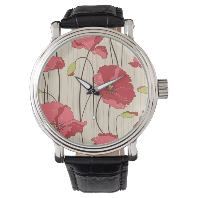 Muster für Retro-Poppies Armbanduhr (Vorderseite)