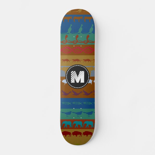 Muster für Retro-Retro-farbige Monogramm-Tiere #6 Skateboard (Vorderseite)
