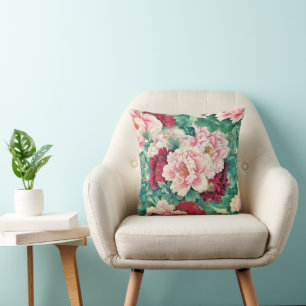 Muster für Rosa Peonies und grüne Blätter Kissen