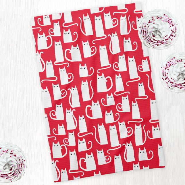 Muster für rote und weiße Katzen Geschirrtuch (Red and white kitty cat pattern festive kitchen tea towel)