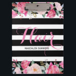 Muster für schwarze und weiße Streifen, Blumenstra Klemmbrett<br><div class="desc">Haar Custom rosa Text mit schwarz-weiß Streifen Muster Akzent mit farbigen Aquarellfarben Blume Bouquet.</div>