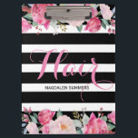 Muster für schwarze und weiße Streifen, Blumenstra Klemmbrett<br><div class="desc">Haar Custom rosa Text mit schwarz-weiß Streifen Muster Akzent mit farbigen Aquarellfarben Blume Bouquet.</div>