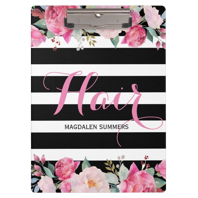 Muster für schwarze und weiße Streifen, Blumenstra Klemmbrett (Vorderseite)